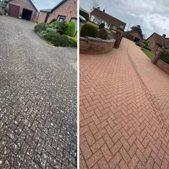 Before and after comparison of driveway cleaning, showing dirty paved surface on left and clean brick-paved surface on right