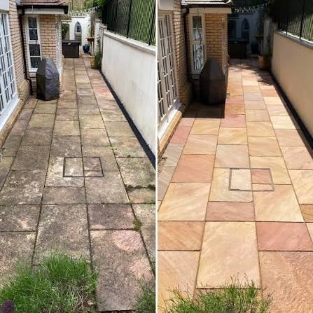 Before and after comparison of a patio: left side dirty with moss and stains, right side clean and pressure washed terracotta tiles