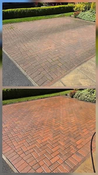 Before and after comparison of brick patio cleaning, showing dirty faded surface above and freshly cleaned vibrant brick below