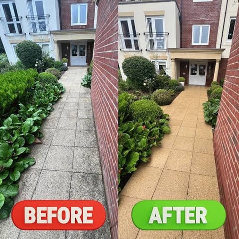Before and after comparison of a narrow brick alleyway: left shows weathered gray pavement, right shows newly resurfaced tan-colored pathway with fresh landscaping