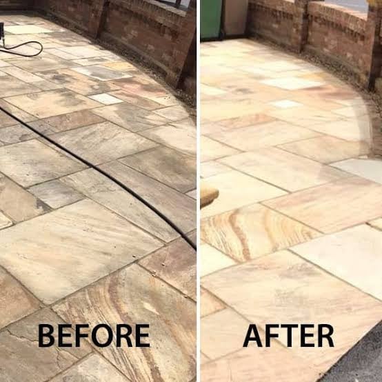 Before and after comparison of patio cleaning, showing dirty pavers on left and cleaned pavers on right