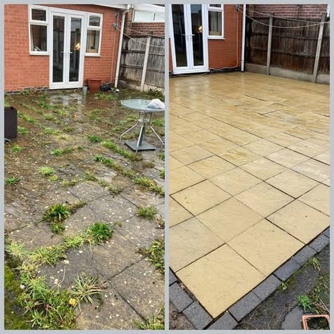 Before and after comparison of a patio renovation showing overgrown mossy ground transformed into clean beige paving stones