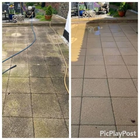 Before and after comparison of patio cleaning, showing moss-covered pavers on left and clean pavers on right