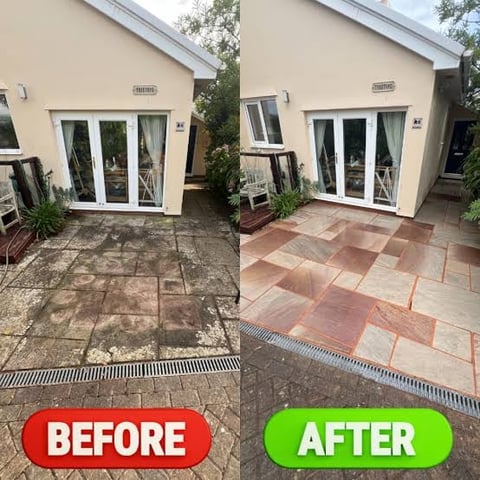 Before and after comparison of patio renovation showing dirty worn pavers transformed into clean new terracotta-colored tiles